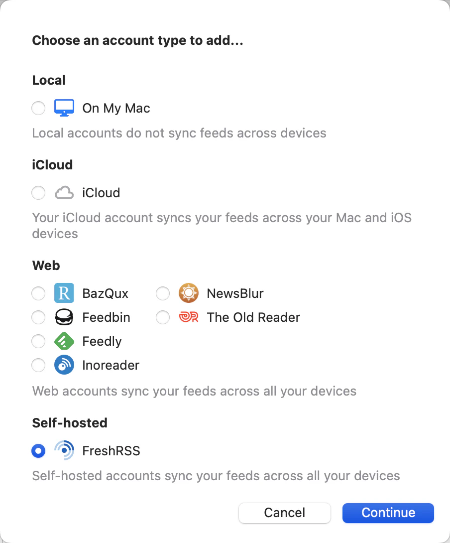 NetNewsWire集成FreshRSS